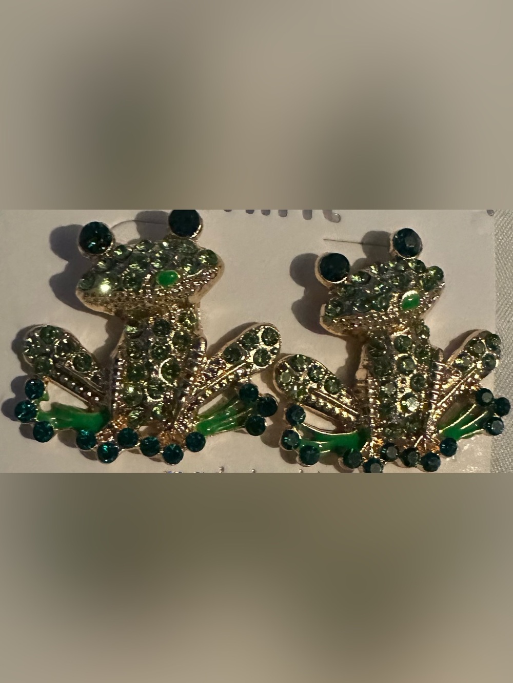 Gold-Tone Green Crystal Frog Earrings